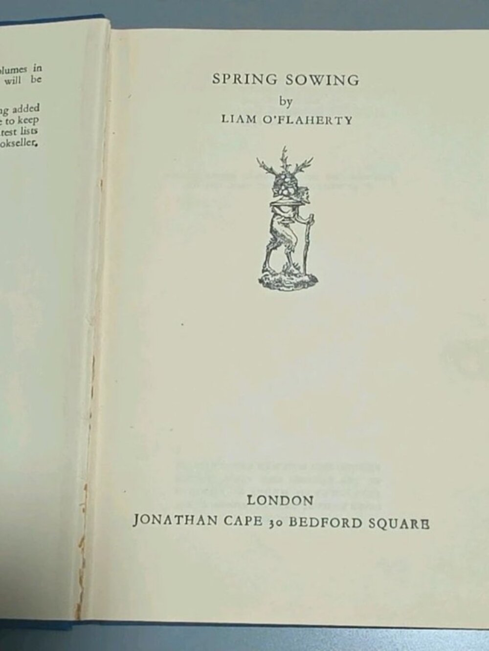 Spring Sowing by Liam O'Flaherty, Hardcover, Jonathan Cape, Fiction